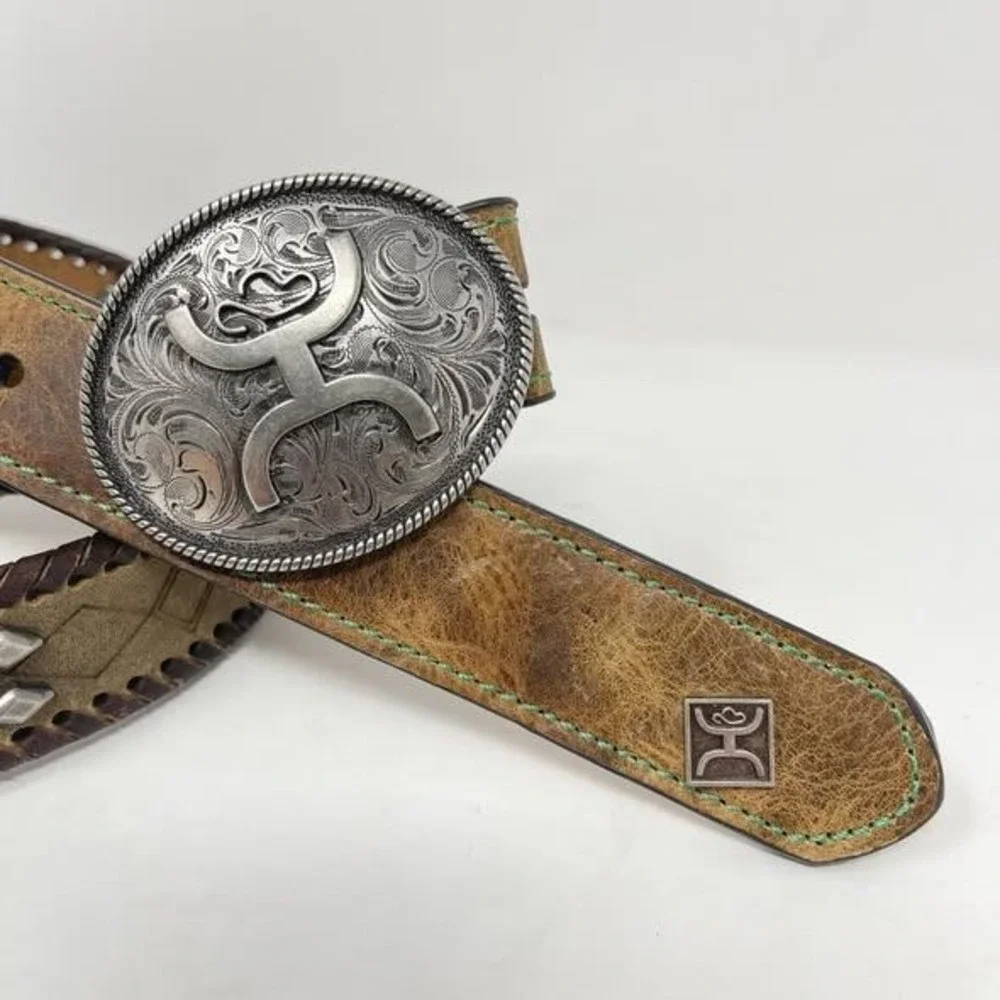 Hooey Western Belt‎ Youth Boys 24 Brown Leather Silver Buckle Green Stitch Rodeo